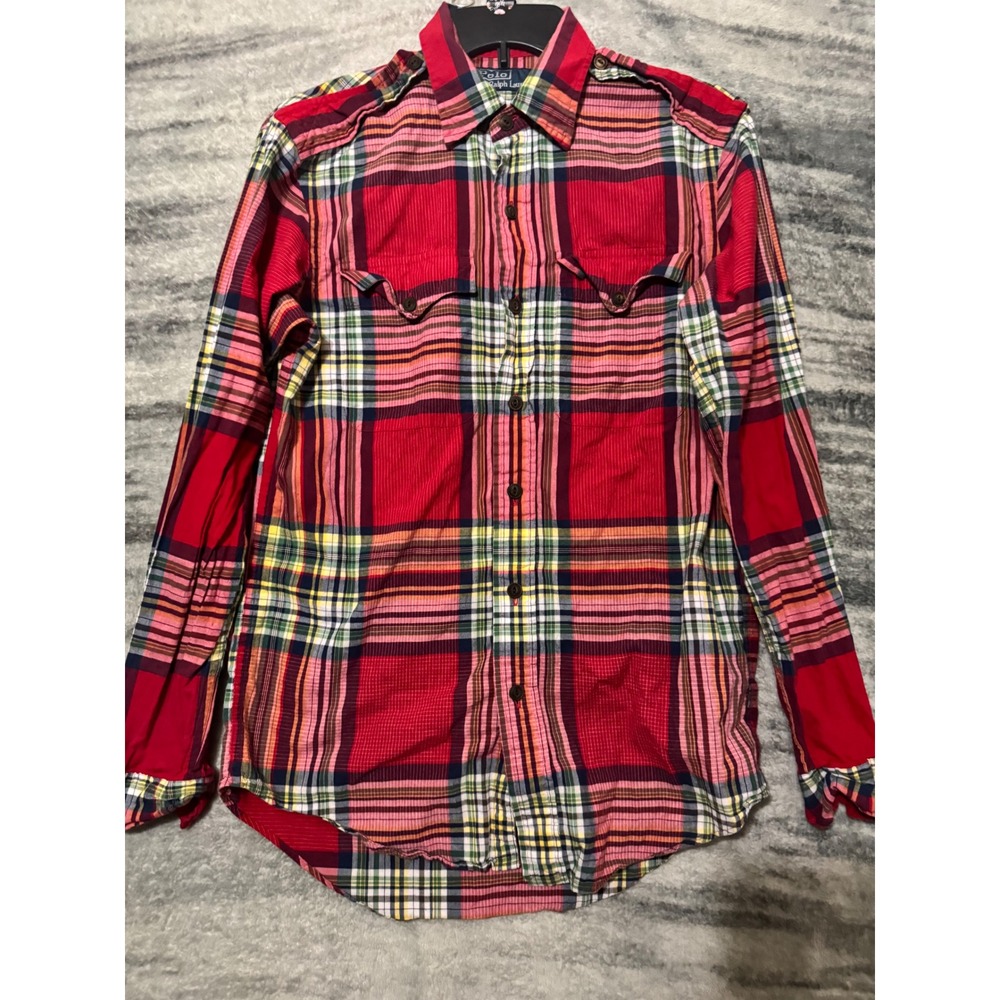 Polo Ralph Lauren Mens Red Plaid Western Button Down Shirt Epaulets Small